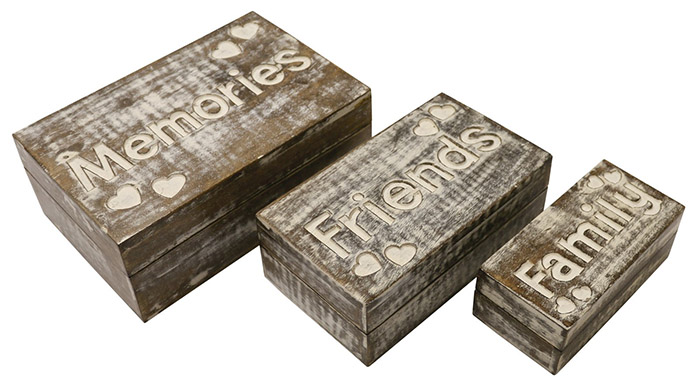 Mango Wood Memories Design Set Of 3 Boxes Burnt White Finish - Click Image to Close